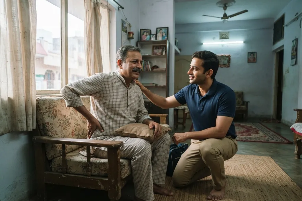 A physiotherapist talking with a man in his living room during a home visit